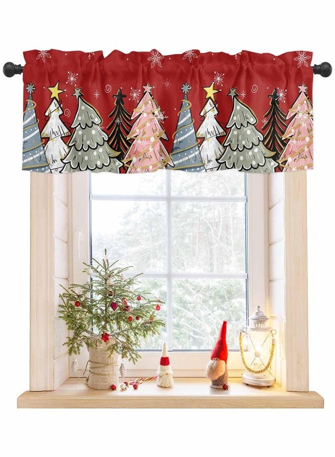 LooPoP Christmas Tree Valance for Windows Pine Tree Curtains Valances Snowflake Valance Window Treatments Red Short Curtains for Kitchen Living Room Bedroom Bathroom Xmas Holiday Decor 54x18 Inch - Image 1